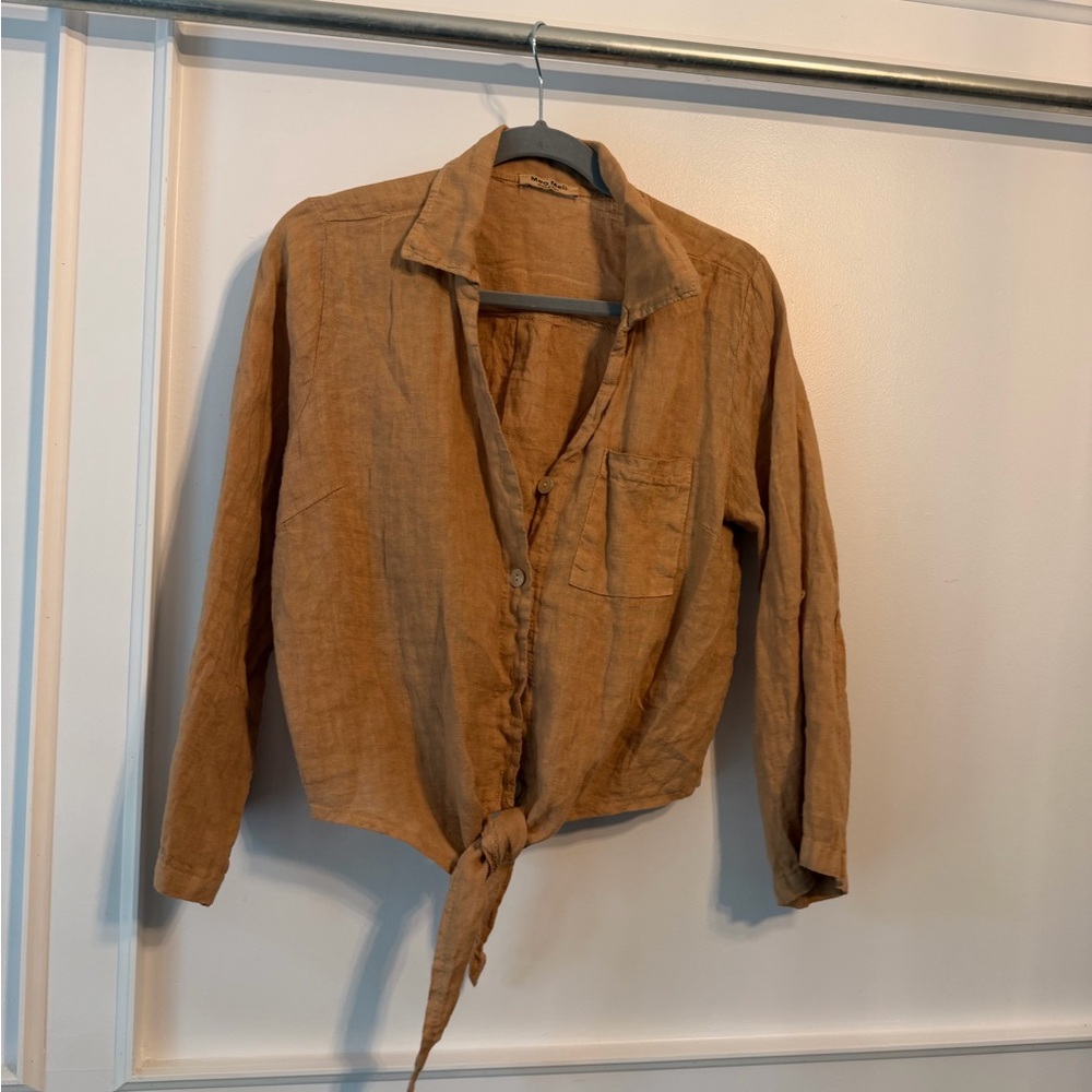 Casual Tie-Front Button-Down Shirt in Brown
